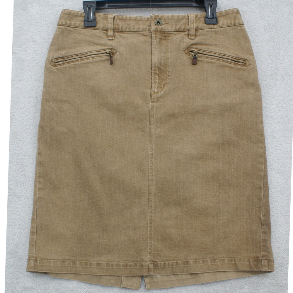 Lauren Ralph Lauren Tan Khaki Denim Pencil Skirt Preppy Zip 4 Pocket Midi Sze 14